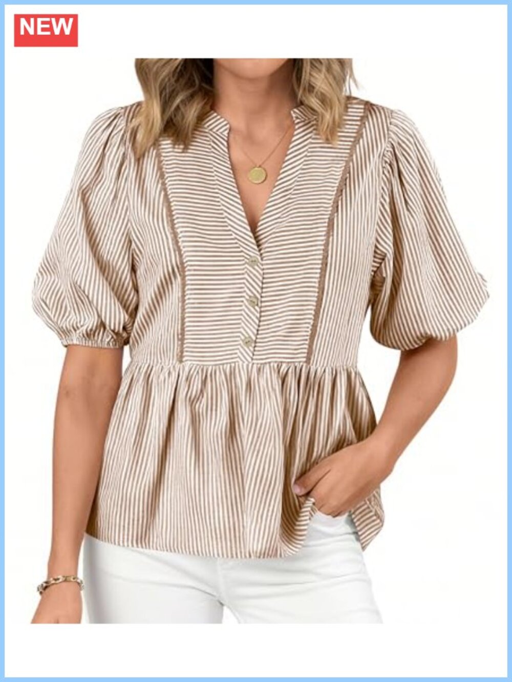 Women Lantern Sleeve V-Neck Button Up Striped Babydoll Blouse Top